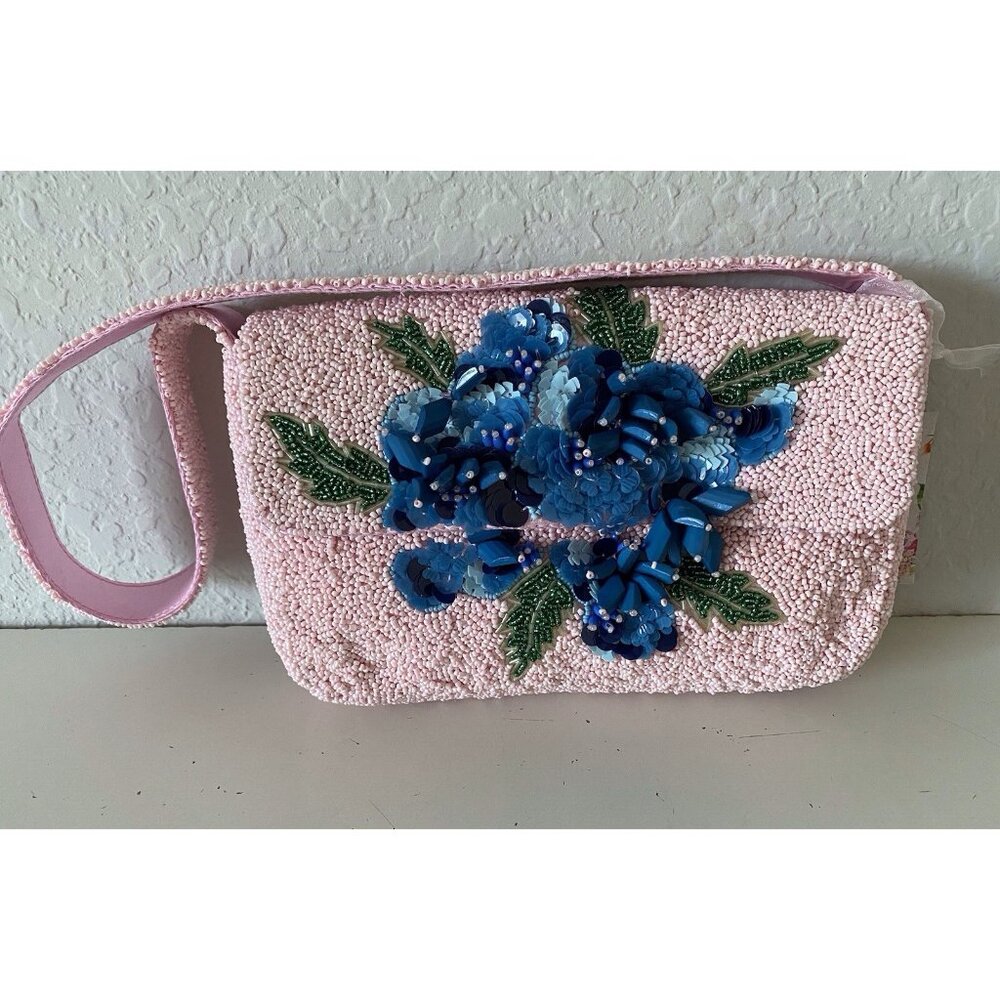 Handcrafted In India Beaded‎ Shoulder Bag Pink W/Blue Hydrangea Floral VIRAL NEW